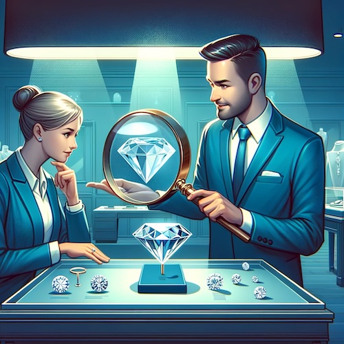 An image showing a discerning buyer consulting with a diamond expert in a sophisticated setting, with a magnifying glass closely examining a VVS1 diamond, symbolizing the importance of expert advice and detailed evaluation in making an informed VVS1 diamond purchase.