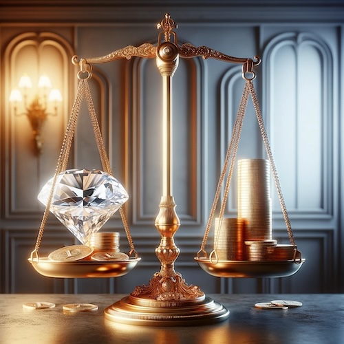 a balance scale depicting a flawless diamond on one side and gold coins on the other. This visual metaphor reflects the contemplation of their value and cost.