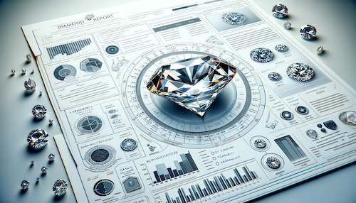 A detailed and informative image representing the concept of diamond reports. The image should feature an open diamond report, displaying various aspe