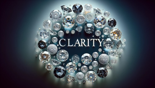 A sophisticated image emphasizing diamond clarity, with the word ‘CLARITY’ prominently displayed in the center. The image should feature a collection