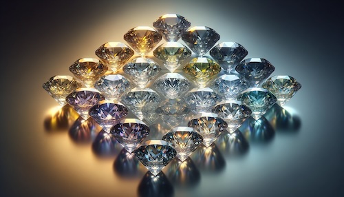 Here’s the image showcasing a range of diamond colors, from icy white to warmer yellow tones. The diamonds are arranged in a gradient, each reflecting a unique shade within this spectrum.