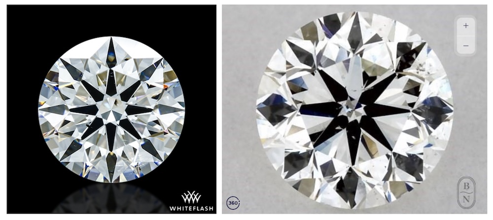 Image displaying two SI1 diamonds side by side for comparison. The left diamond is from Whiteflash, featuring a higher cut quality, resulting in superior brilliance and fewer visible inclusions. The right diamond, from Blue Nile, has a lower cut quality, appearing less brilliant with more noticeable inclusions. This comparison highlights the importance of cut in enhancing a diamond's overall appearance and minimizing the visibility of inclusions.