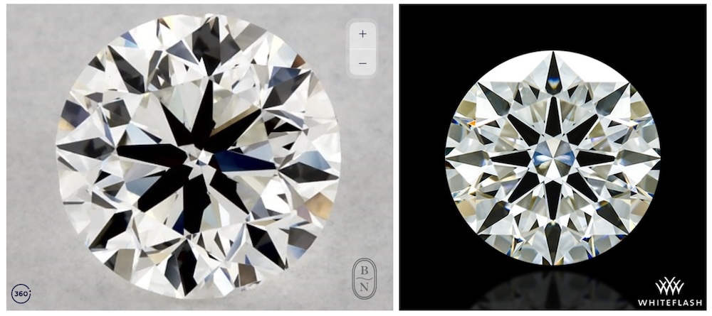 Image comparing two diamonds side by side. The left diamond is a VS1 from Blue Nile, while the right is a VS2 from Whiteflash. The image demonstrates the impact of cut quality, as the Whiteflash diamond, despite a lower clarity grade, displays more brilliance and visual appeal, underscoring the importance of cut in a diamond's overall beauty.