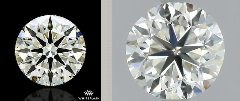 Comparison between a high-quality Whiteflash hearts and arrows diamond and a standard Ritani diamond, highlighting the difference in cut and light return.