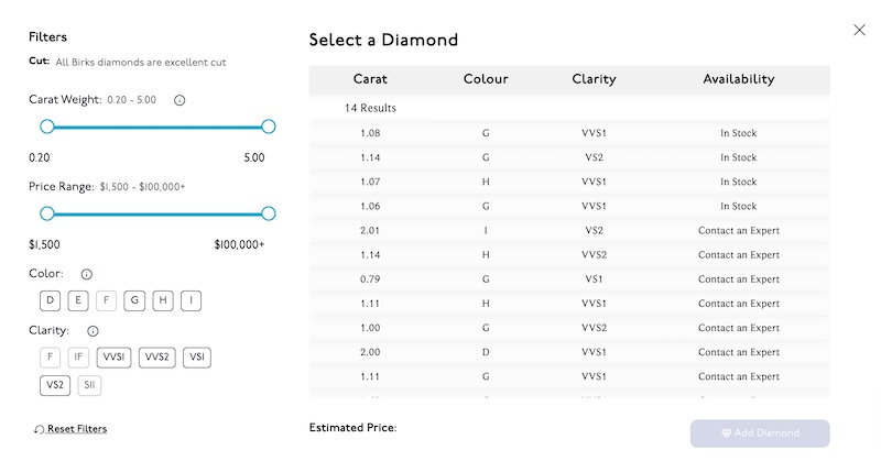 A user interface from Maison Birks showing the diamond selection filter options. Filters for cut, carat weight, price range, color, and clarity are displayed on the left with sliders and checkboxes for customization. The cut is noted as 'All Birks diamonds are excellent cut.' The central panel lists diamonds with details on carat, color, clarity, and availability, with 14 results ranging from 0.79 to 2.01 carats, colors D to H, and clarity from VVS1 to VS2. An 'Add Diamond' button is at the bottom right, indicating a step towards finalizing a selection.