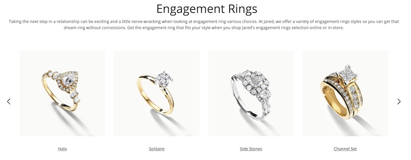 A screenshot of Jared Jewelers' engagement ring search interface, displaying various options for ring styles