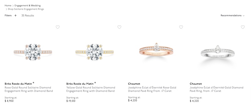 Screenshot of Maison Birks' online collection showcasing four elegant engagement ring settings. From left to right: a 'Birks Rosée du Matin' rose gold round solitaire engagement ring with a diamond band priced at $8,950; next to it, a 'Birks Rosée du Matin' yellow gold round solitaire engagement ring with a diamond band starting at $19,000; followed by two 'Chaumet Joséphine Éclat d'éternité' rings, one in rose gold with a diamond pavé ring priced at $4,220, and the other a similar style in white gold.