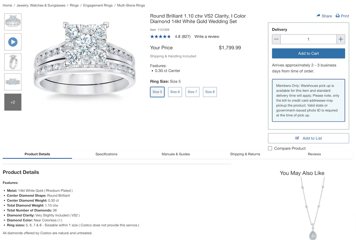 A product listing for a Round Brilliant 1.10 ctw VS2 Clarity, I Color Diamond 14kt White Gold Wedding Set on Costco's website. The image shows the ring set with round brilliant diamonds set in a 14kt white gold band.