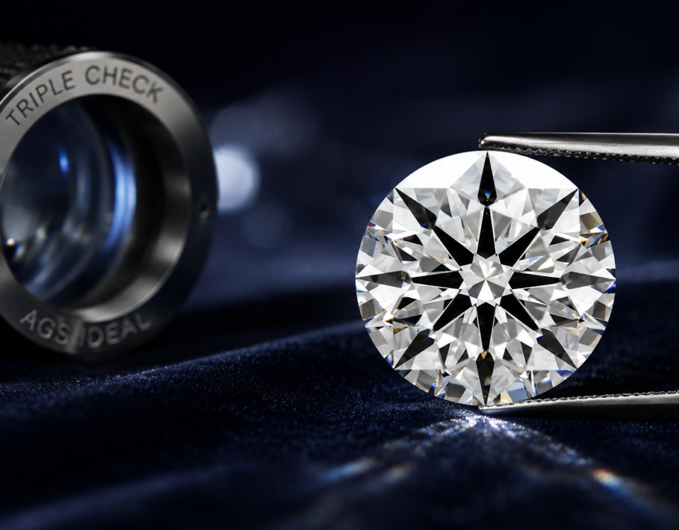 Close-up of a precision-cut round brilliant diamond with hearts-and-arrows optical symmetry, displayed beside a jeweler’s loupe on a dark luxury background.