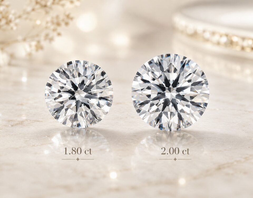 Side-by-side comparison of 1.80 carat and 2.00 carat round diamonds showing the difference in visible size.