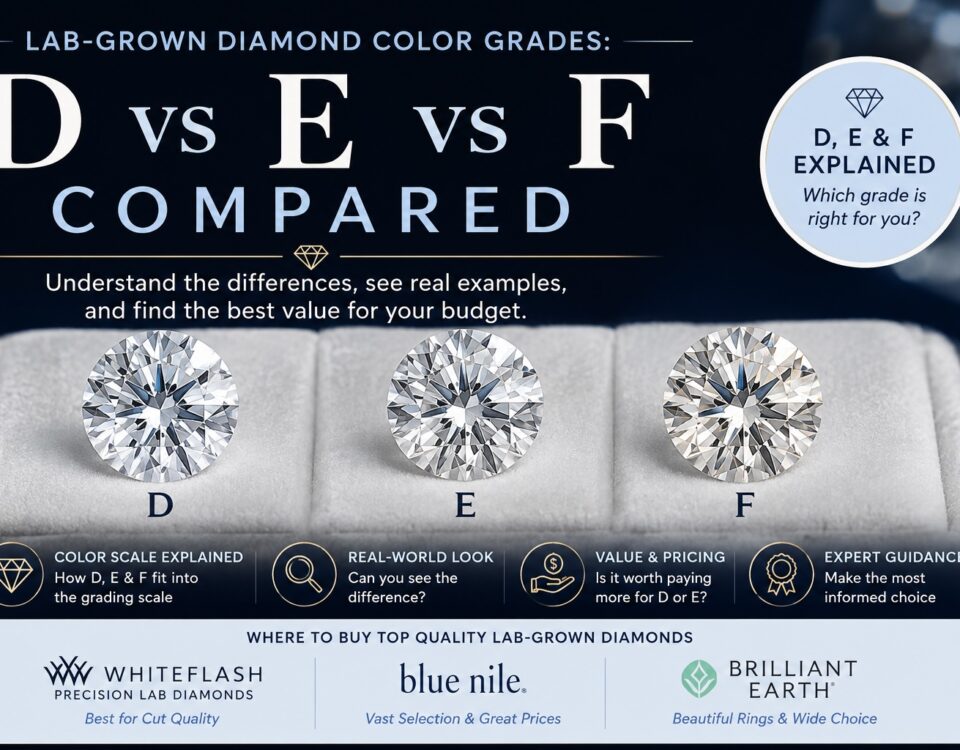 Comparison of D, E and F color grade lab-grown diamonds